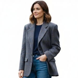 Vintage Nordstrom Womens Brass Plum 100% Wool Jacket Preppy Old Money 90s Blue S